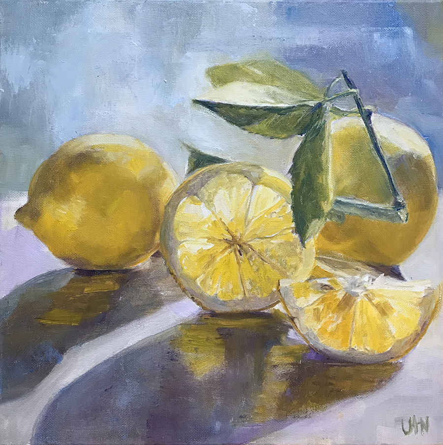 A Squeeze of Brightness - Painting by UTN, lemons and sliced lemons on a table illuminated by a spring sky